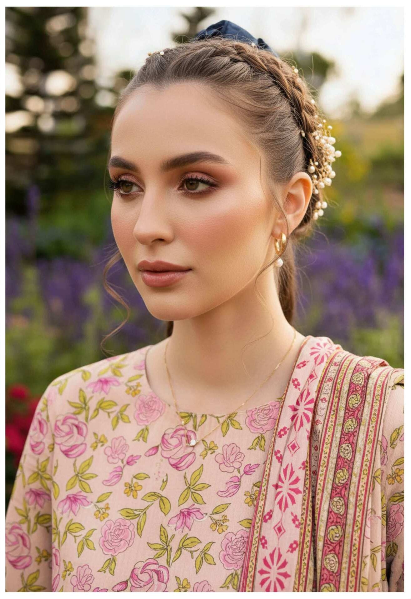 Pastel pink floral printed 3-piece lawn suit with matching dupatta and trousers, stylish and comfortable for summer wear.