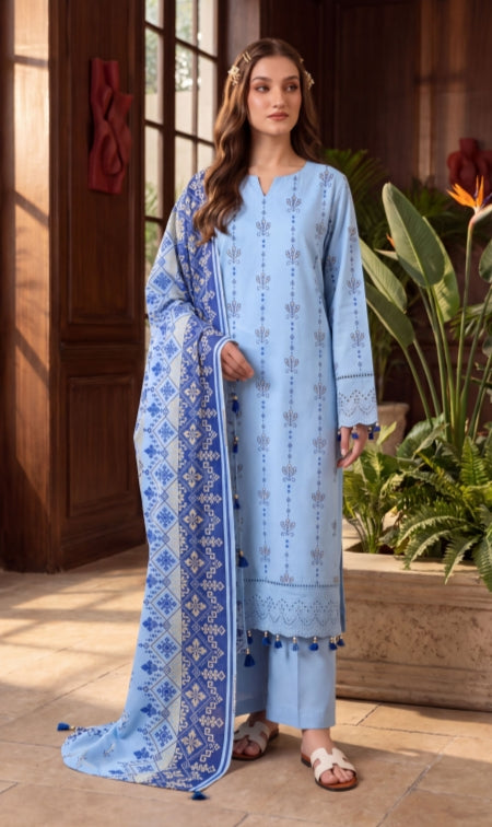 Elegant blue embroidered 3-piece lawn suit with printed dupatta from Noreya Loom, featuring intricate embroidery and vibrant fabric.