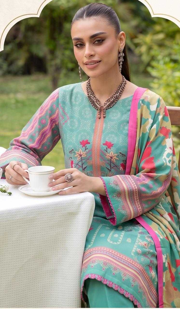 Elegant aqua floral 3-piece winter mint suit by Noreya Loom featuring intricate patterns and stylish design.