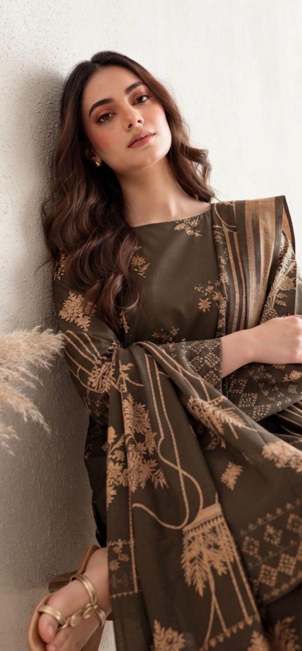 Chocolate brown floral printed women's winter 3-piece suit by Noreya Loom, featuring a stylish top, pants, and matching dupatta.