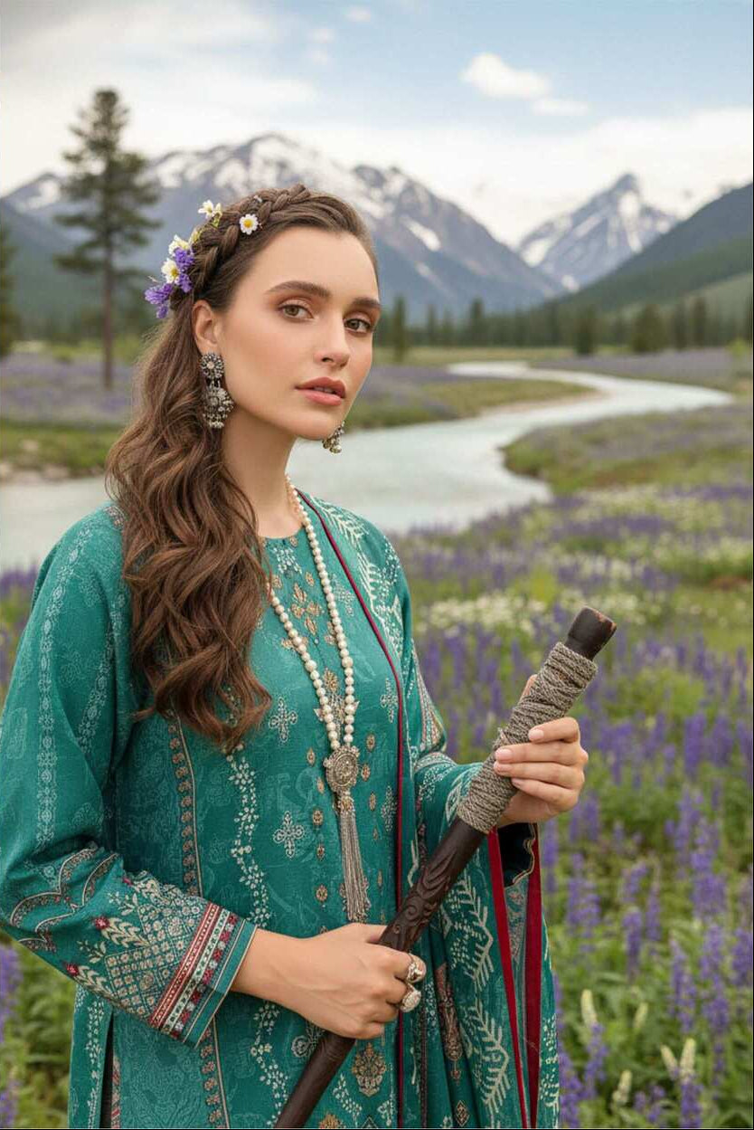 Teal green printed 3-piece Pakistani lawn suit with intricate designs, featuring a matching top, trousers, and dupatta.