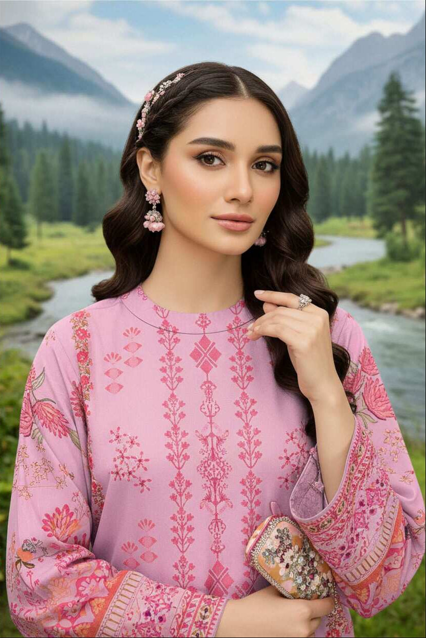 Blush pink printed 3-piece suit from Pakistani lawn collection, featuring traditional embroidery and lightweight fabric.