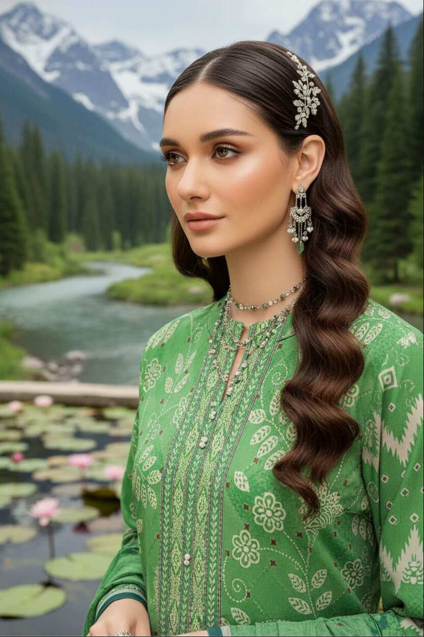 Elegant green printed lawn suit, 3-piece Pakistani collection with embroidered details, featuring a lawn fabric top, dupatta, and matching bottoms.