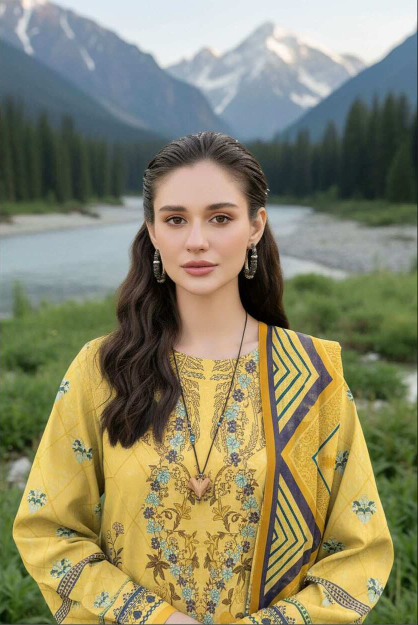 Mustard yellow printed 3-piece Pakistani lawn suit with intricate design, featuring a matching shirt, trousers, and dupatta.