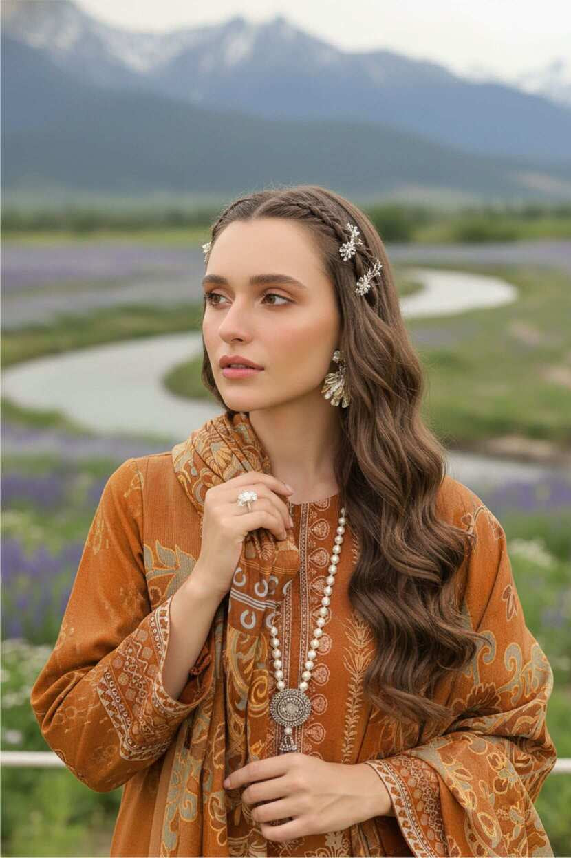 Rustic amber printed 3-piece lawn suit in burnt orange with intricate designs, featuring traditional patterns and lightweight fabric.