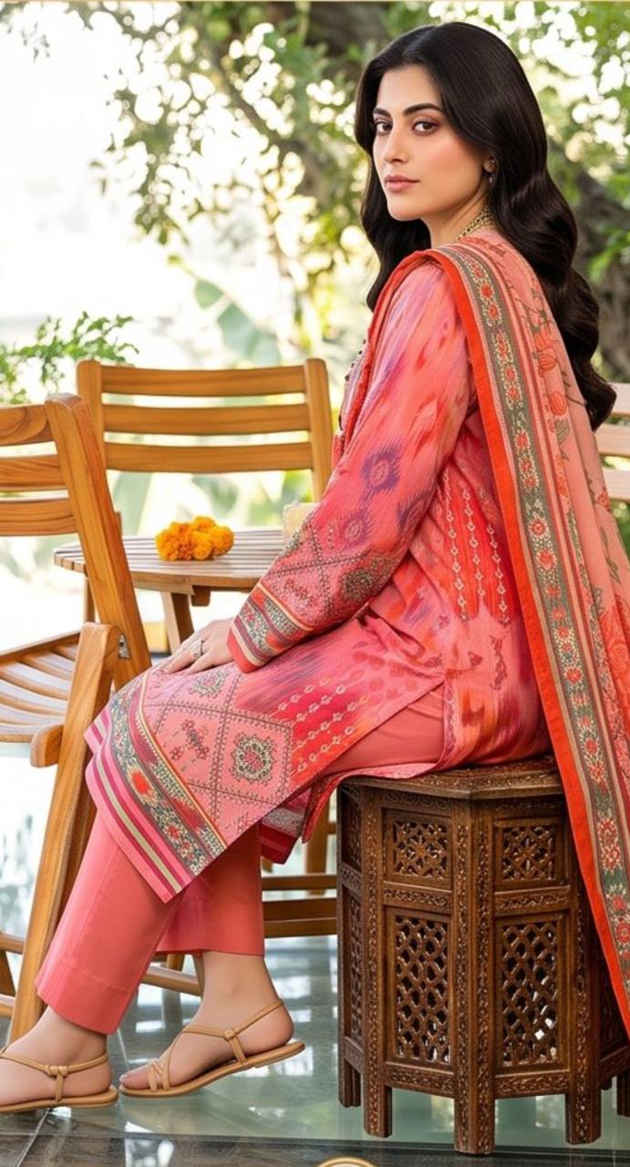 Coral pink printed 3-piece winter suit from Noreya Loom, featuring elegant floral design and cozy fabric for winter wear.