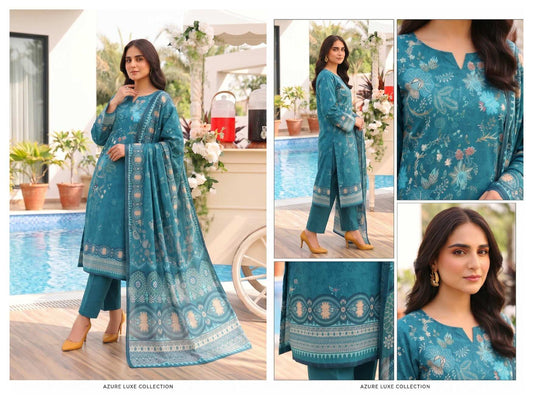 Blue printed 3-piece lawn suit with floral dupatta, featuring elegant design and matching fabric from My Store.
