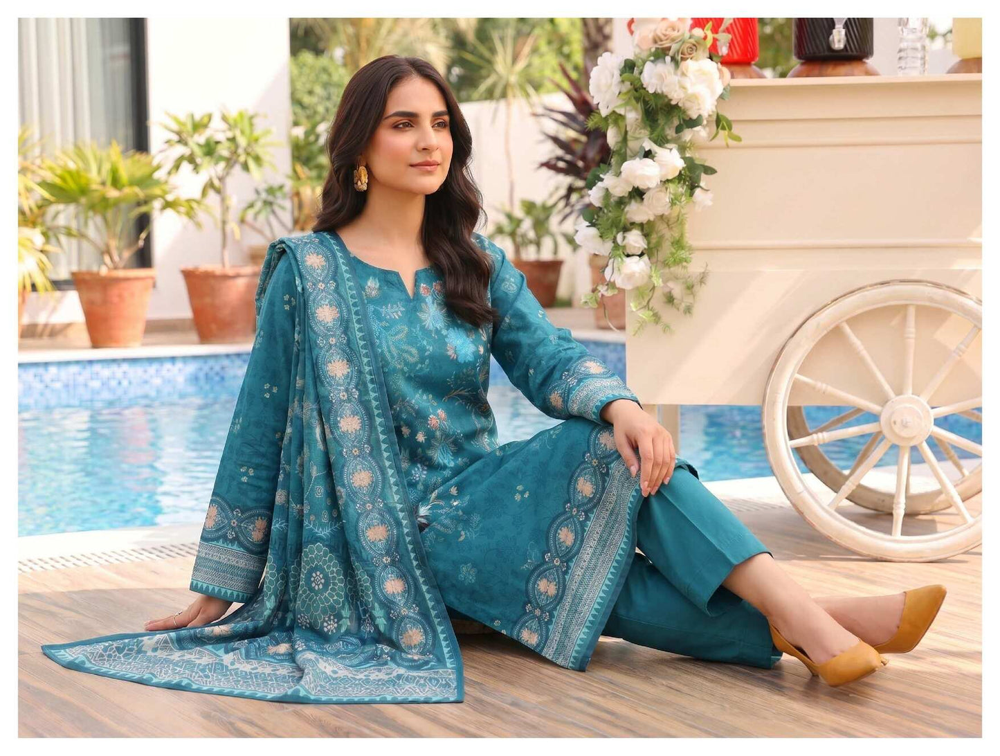Blue printed 3-piece lawn suit with floral dupatta, featuring elegant design, from My Store.