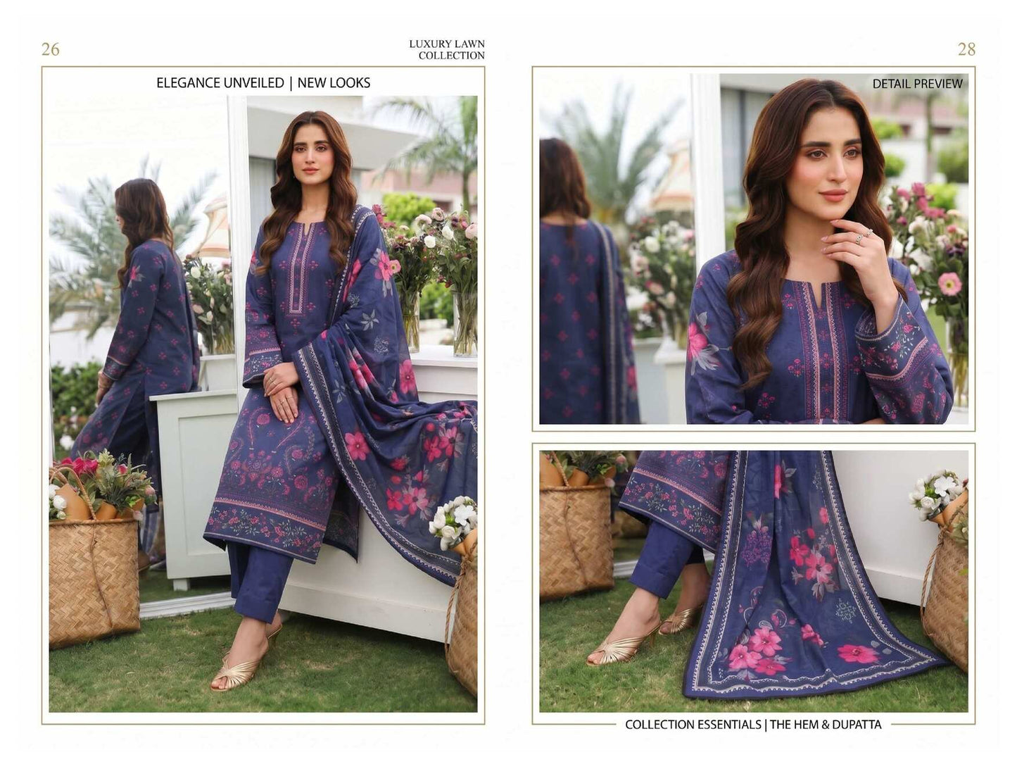 Midnight blue floral printed 3-piece lawn suit from My Store's Signature Collection, showing the top, trousers, and dupatta.