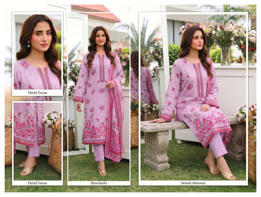 Blush pink floral lawn suit with three pieces, featuring a traditional elegant summer design, displayed on a hanger.
