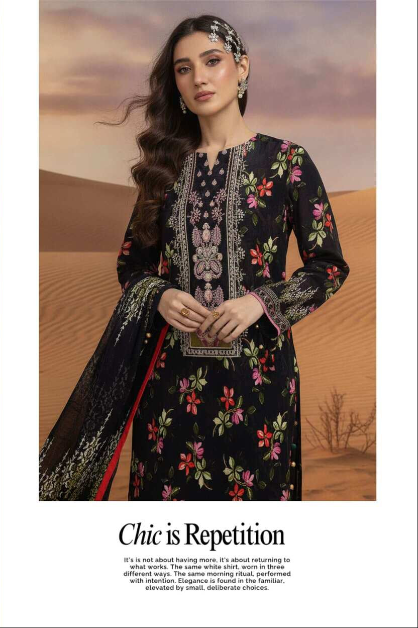 Black floral printed lawn 3-piece suit with matching top, trousers, and dupatta, designed for elegant traditional wear.