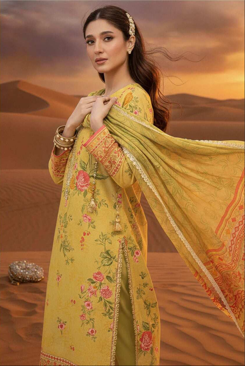 Sunshine yellow floral printed lawn 3-piece suit with a top, trousers, and dupatta, perfect for summer traditional wear.