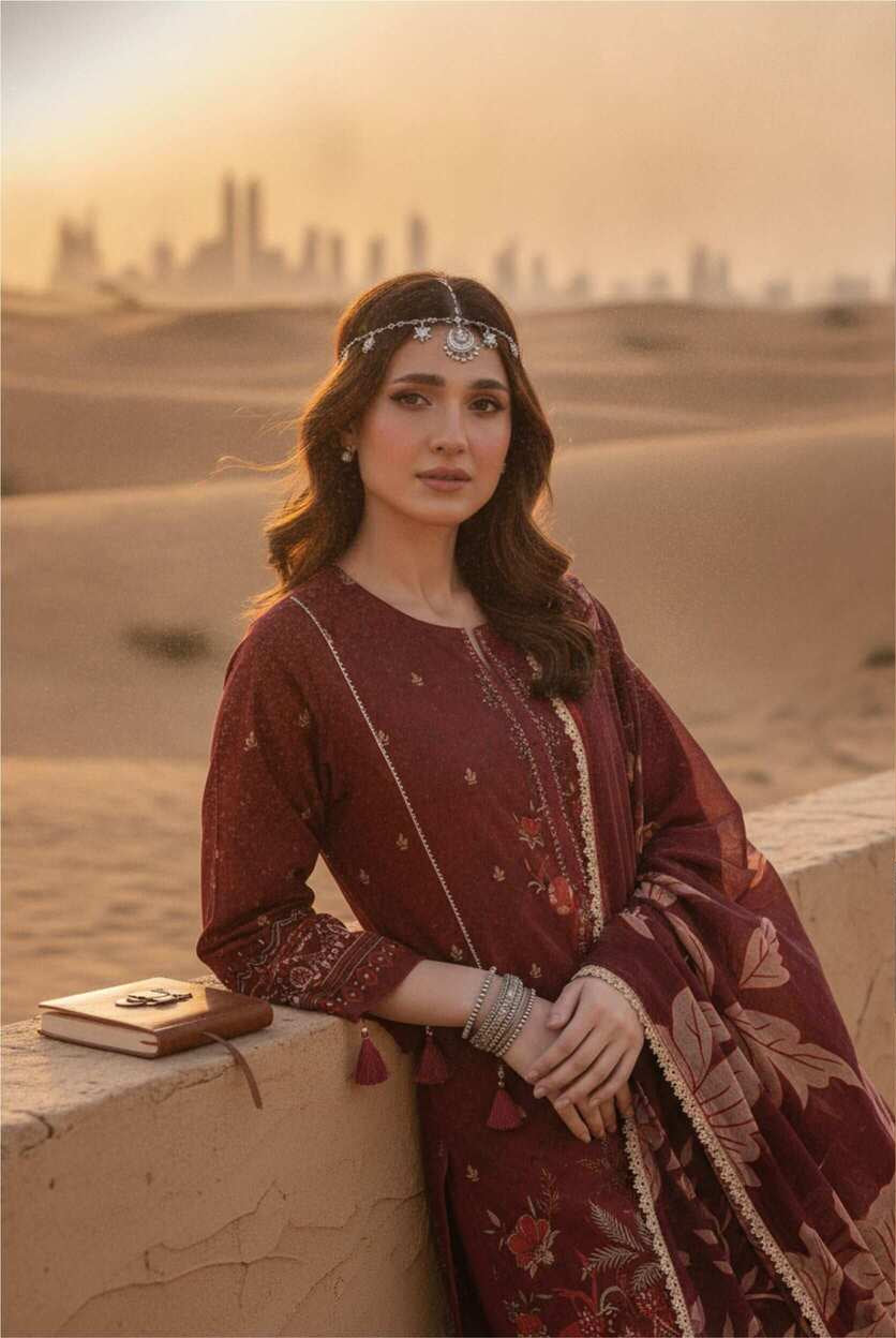 Maroon Elegance printed lawn 3-piece suit with intricate designs, featuring a matching top, dupatta, and bottom fabric from My Store