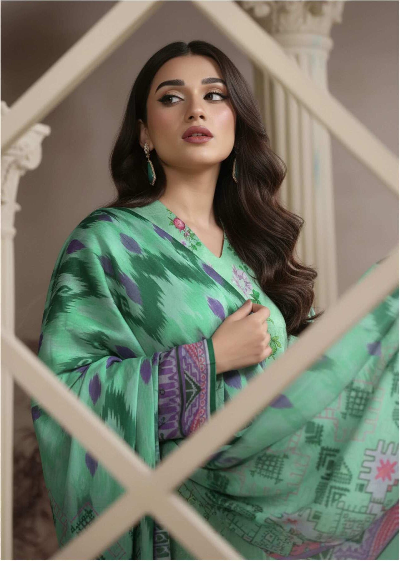 Mint green printed lawn suit, 3-piece Pakistani collection with intricate designs, from My Store, showcasing the elegant traditional outfit.