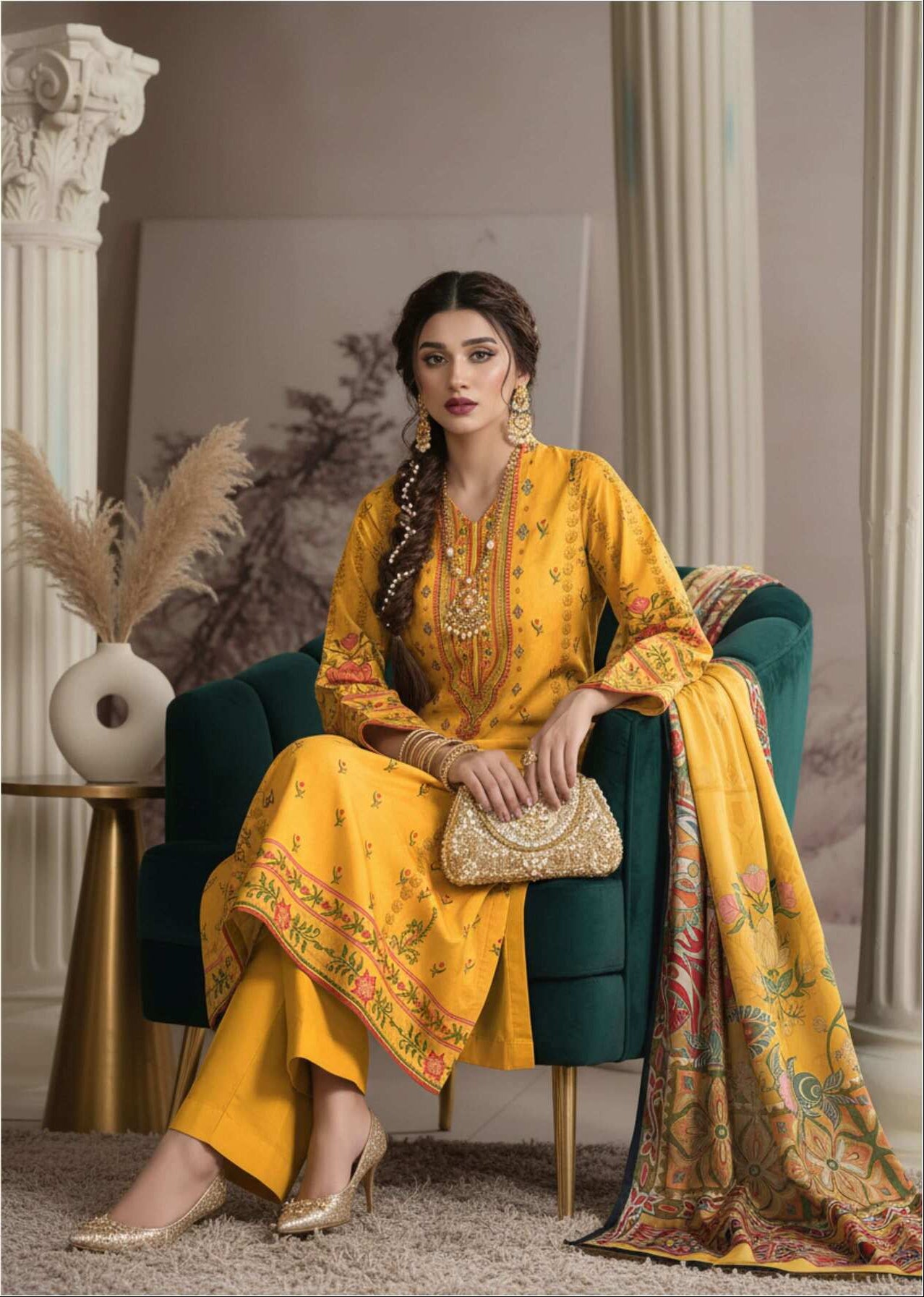 Mustard yellow floral printed 3-piece Pakistani suit with intricate embroidery, showcasing elegant traditional fashion from My Store.
