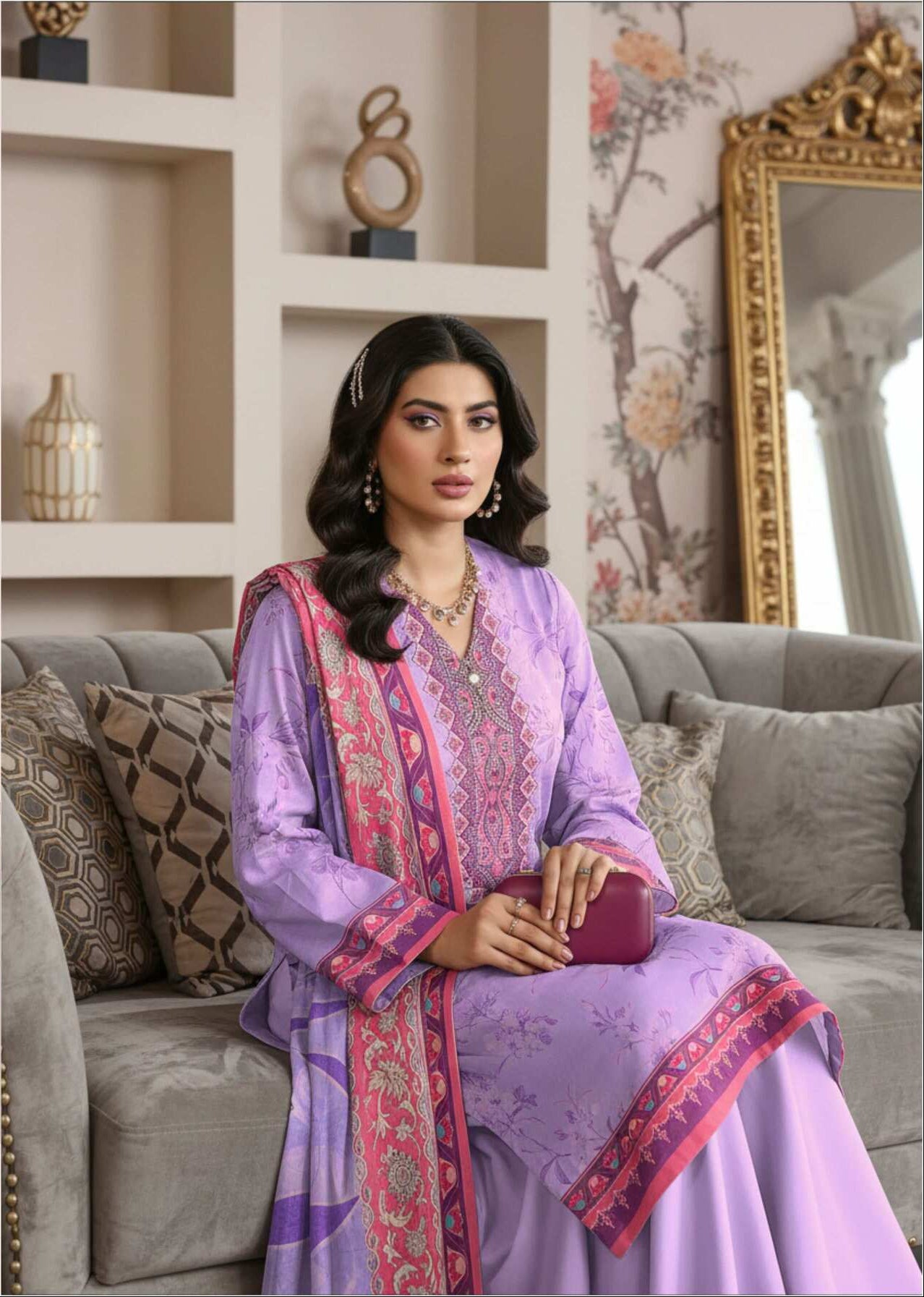Elegant lavender purple 3-piece Pakistani suit with intricate embroidery, featuring a long kurta, matching trousers, and dupatta.