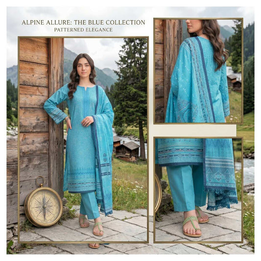 Azure blue printed 3-piece suit from the Elegant Azure Path Collection, featuring intricate patterns and tailored fit.
