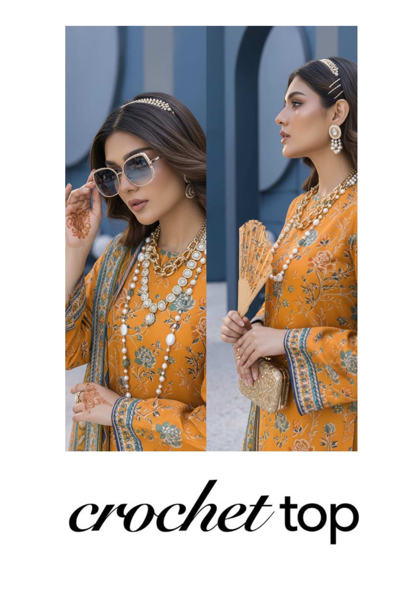 Mustard yellow floral printed 3-piece Pakistani suit with elegant embroidery, showcasing the traditional design and vibrant fabric.