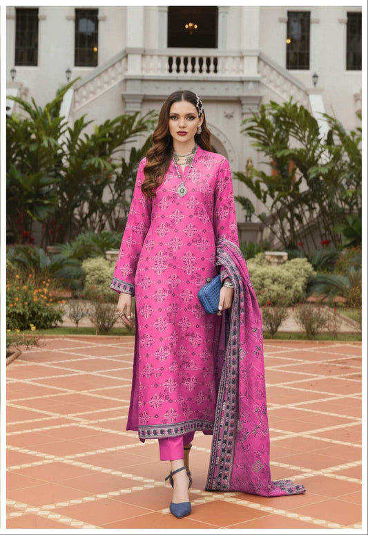 Hot pink floral printed 3-piece lawn suit with matching top, pants, and dupatta, designed for stylish summer wear.