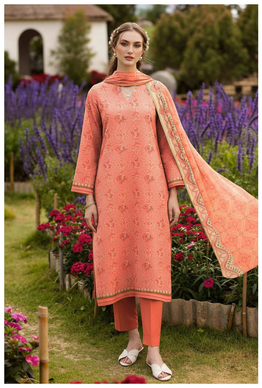 Coral Bloom 3-piece lawn suit for women featuring vibrant floral print, lightweight fabric, and comfortable fit.
