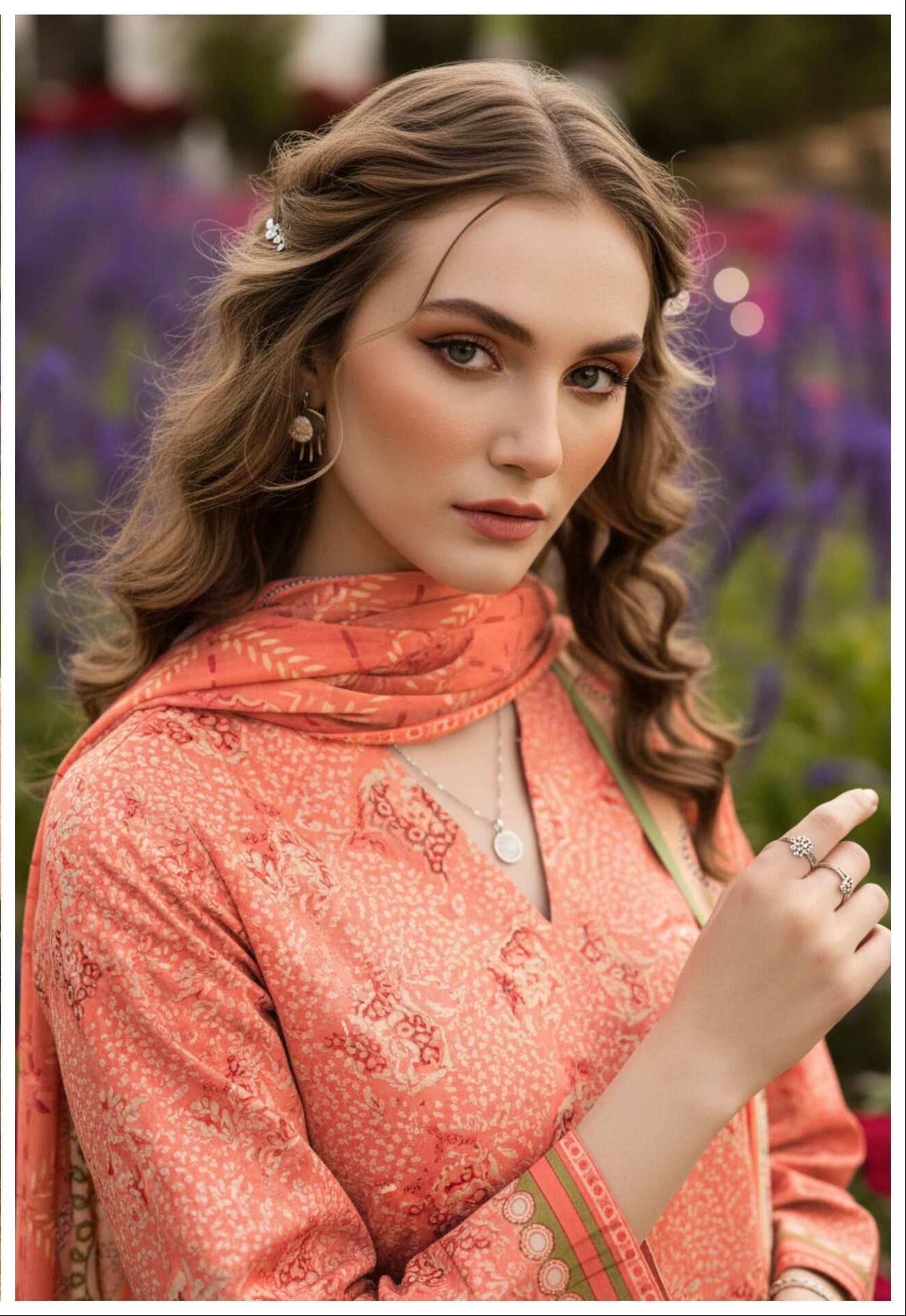 Coral Bloom 3-piece lawn suit by My Store featuring vibrant coral-colored fabric, stylish design, and comfortable fit.