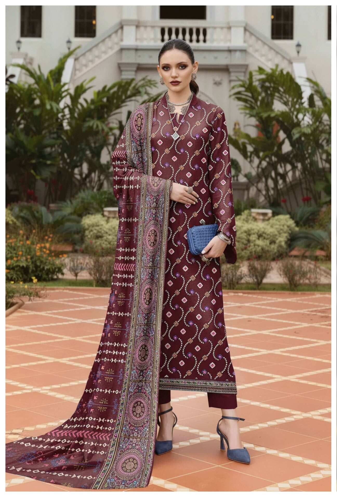 Burgundy Heritage 3-piece printed suit by My Store, featuring a tailored jacket, vest, and matching trousers on a mannequin.