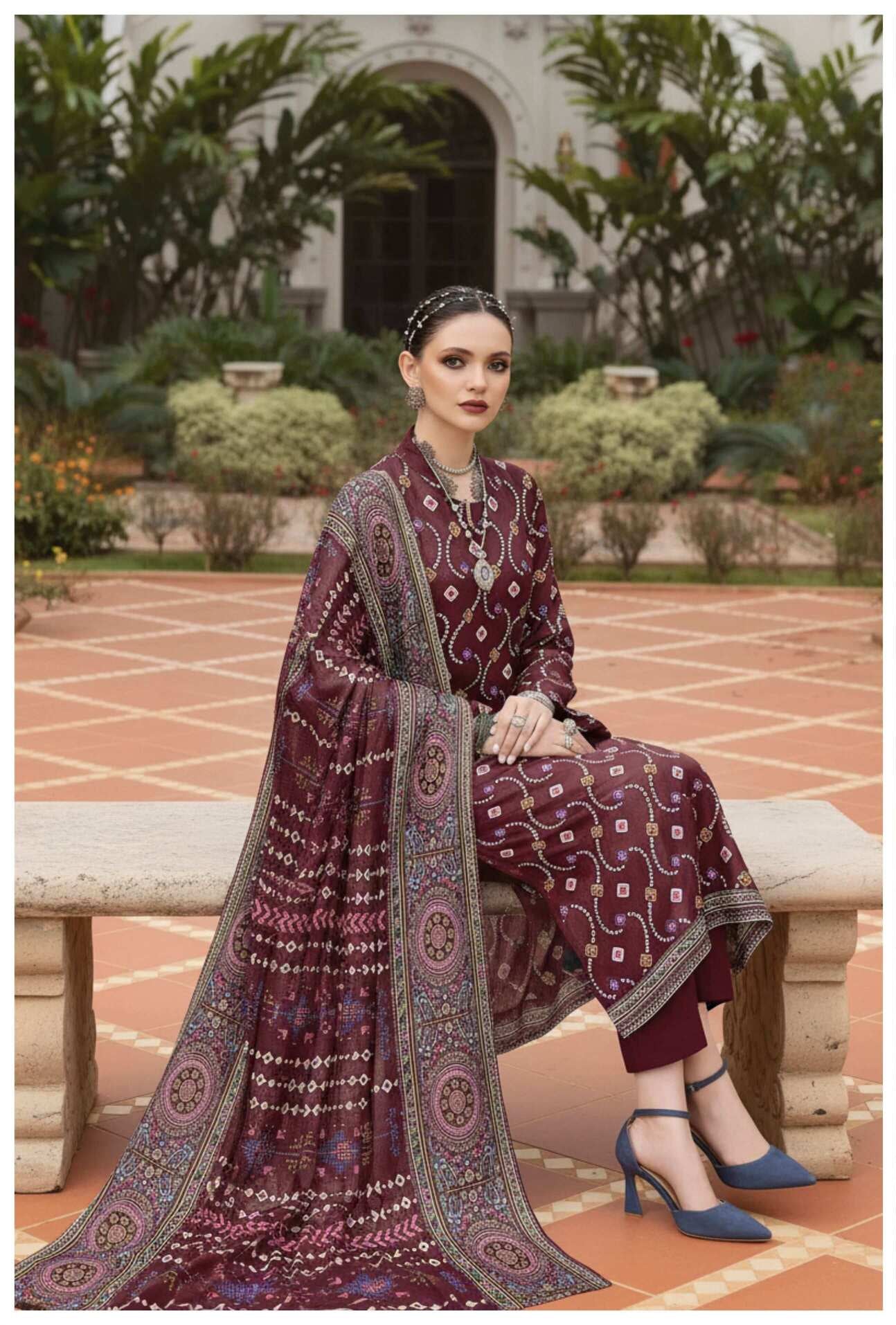 Burgundy Heritage 3-piece printed suit from My Store, featuring a tailored jacket, vest, and matching trousers on a hanger.