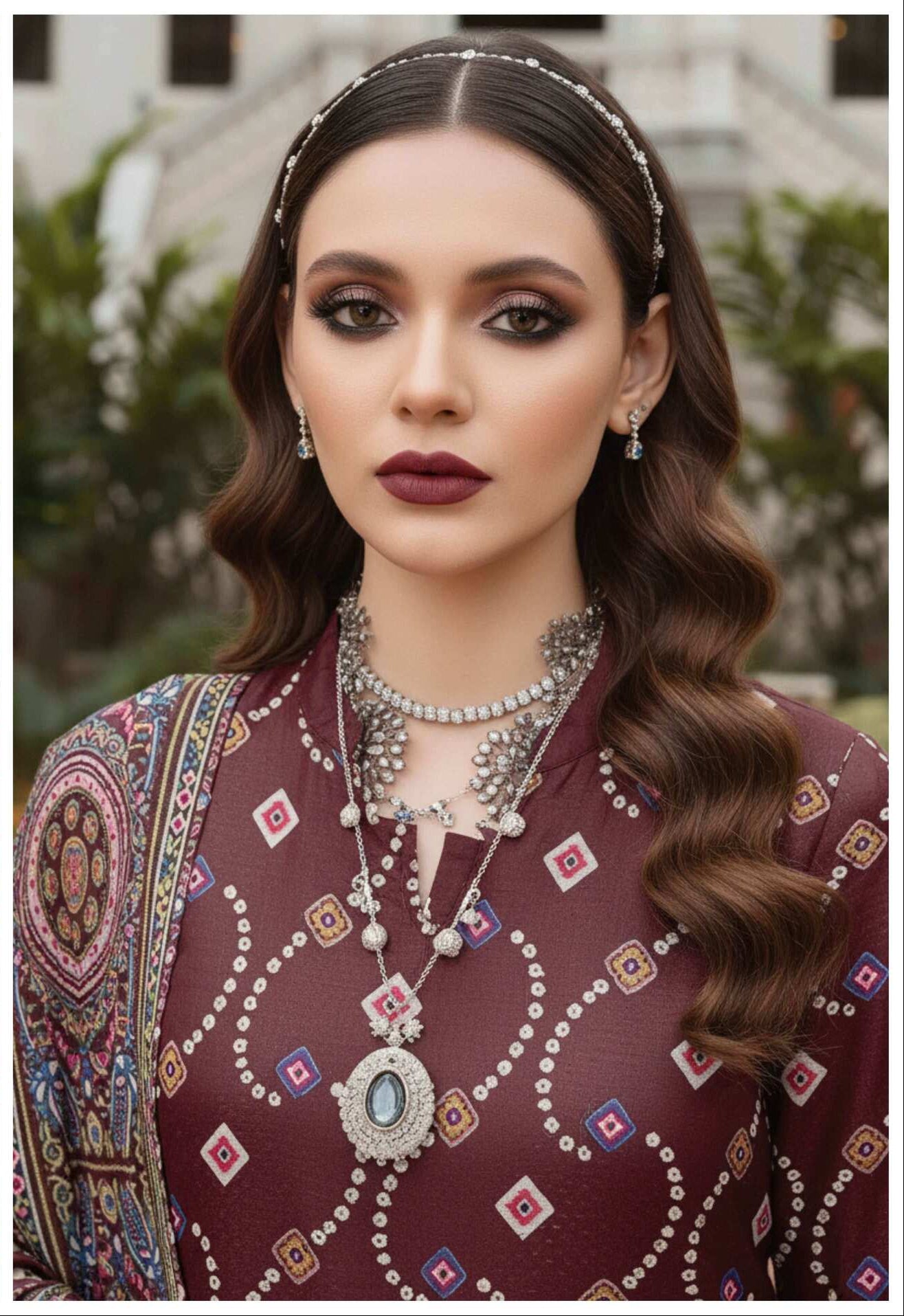Burgundy Heritage 3-piece printed suit by My Store, featuring a jacket, trousers, and vest with intricate print details.