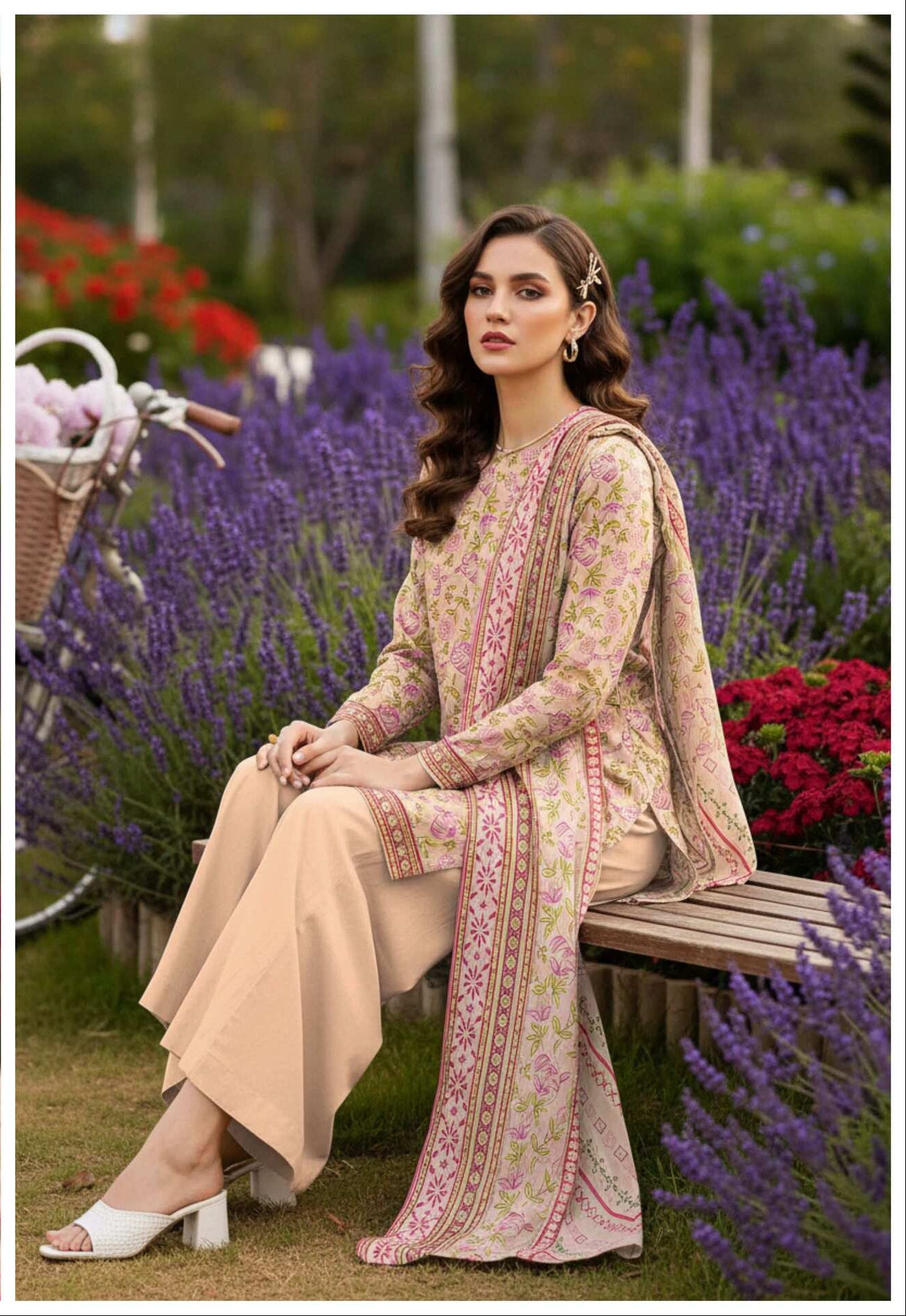 Pastel pink floral printed 3-piece lawn suit with a flowy top and matching bottoms, stylish and comfortable for summer wear.