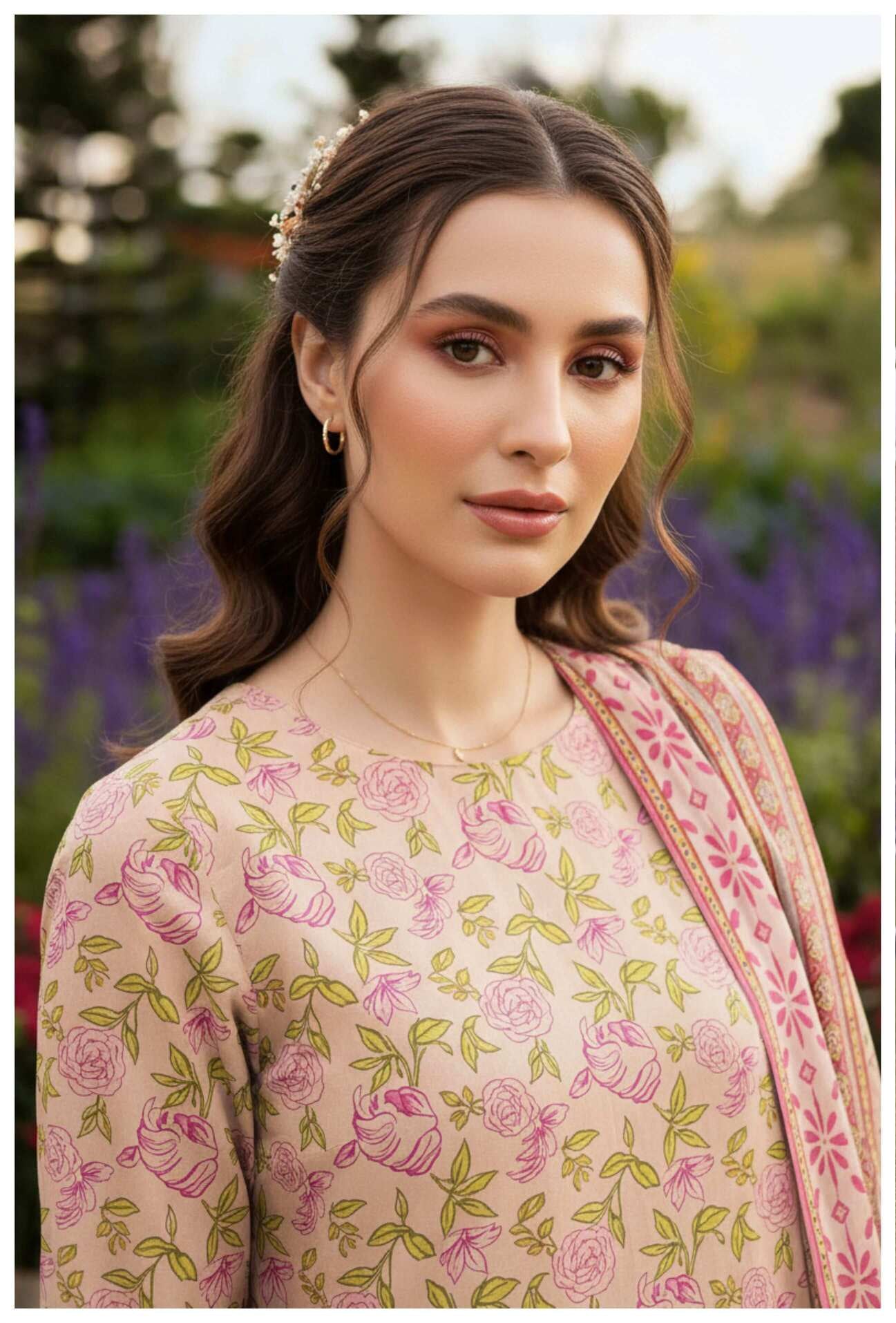 Pastel pink floral printed 3-piece lawn suit with matching dupatta and trousers, showcasing vibrant floral designs and lightweight fabric.