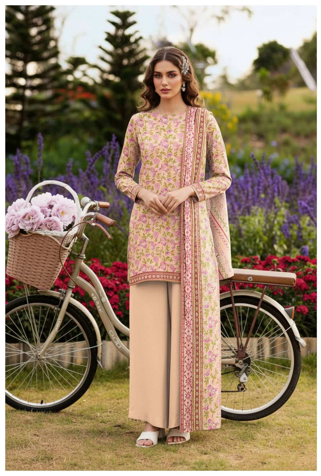 Pastel pink floral printed 3-piece lawn suit with matching dupatta and churidar, stylish and comfortable traditional Indian attire
