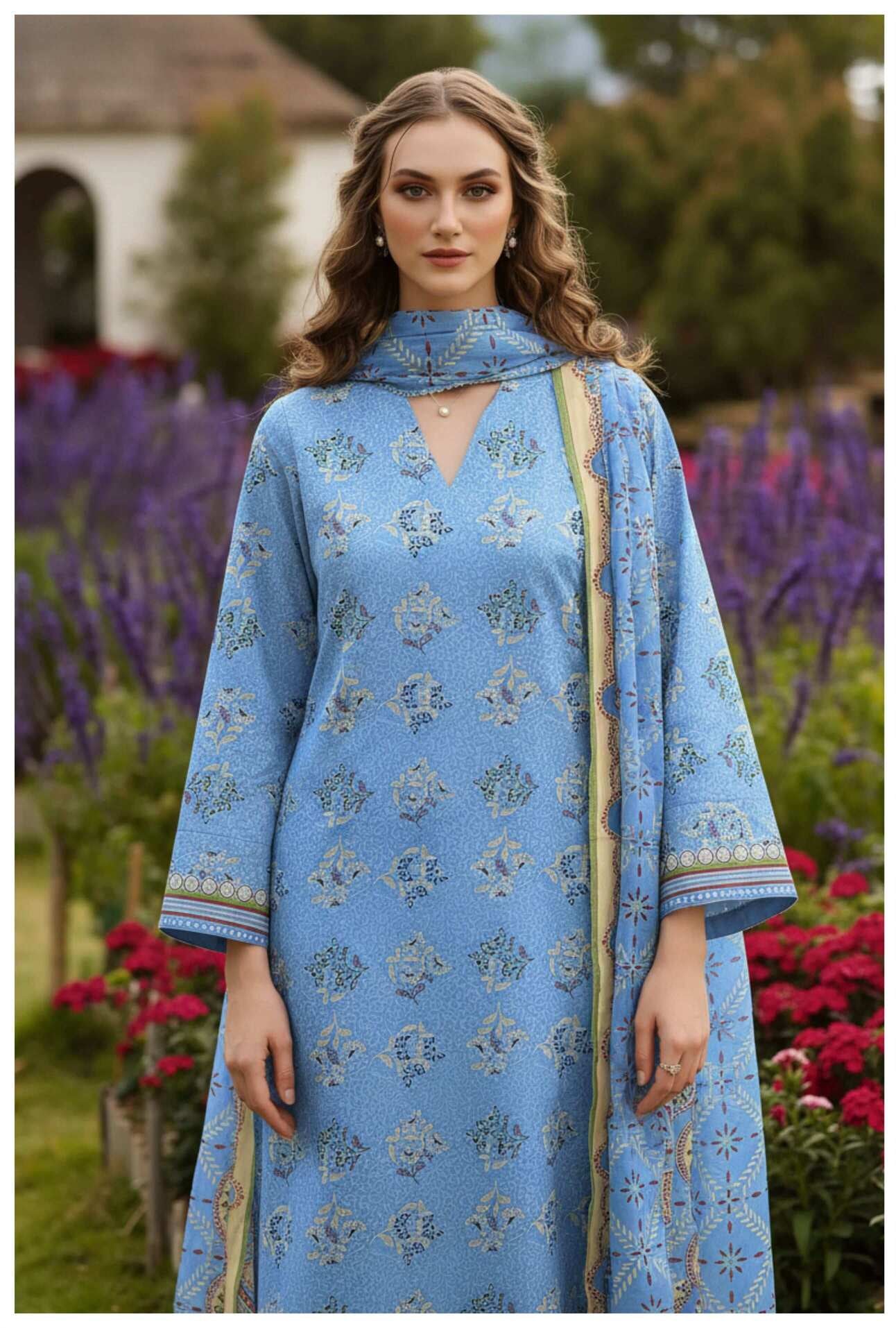 Sky blue Serenity 3-piece printed lawn suit with matching dupatta and trousers, showcasing floral patterns and elegant traditional design.