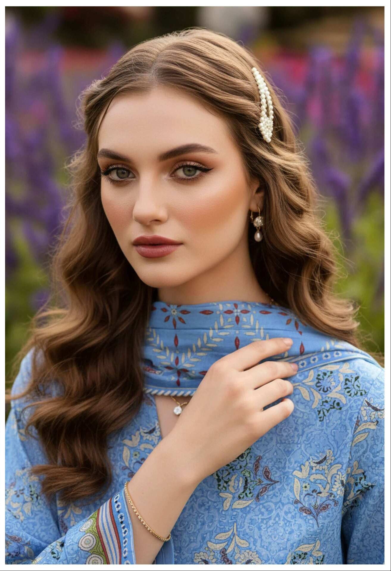 Sky blue Serenity 3-piece printed lawn suit with floral design, featuring a long kurta, matching pants, and dupatta.