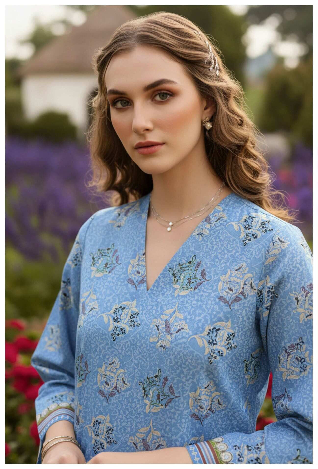 Sky blue Serenity 3-piece printed lawn suit, featuring a flowing top, matching trousers, and printed dupatta in soft fabric.