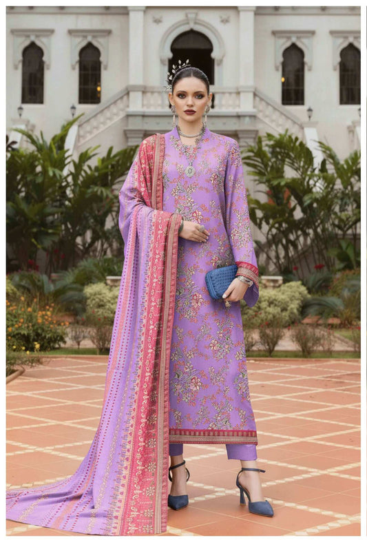 Lavender Bloom 3-piece printed lawn suit with floral design, featuring a kurta, trousers, and dupatta, displayed on a hanger.
