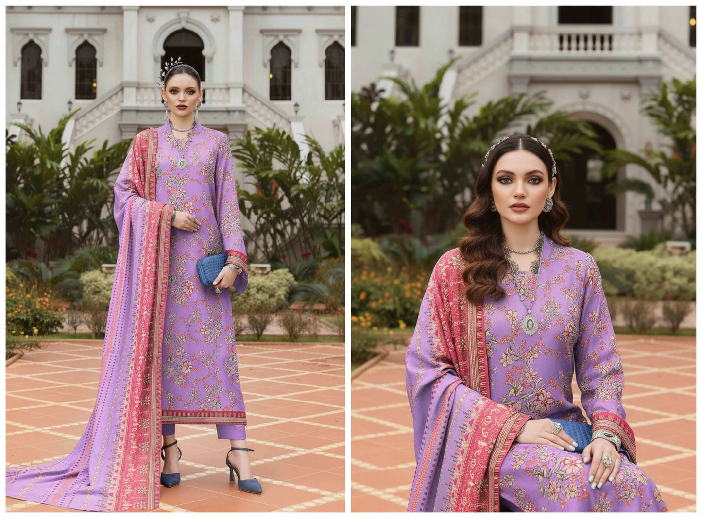 Lavender Bloom 3-piece printed lawn suit with floral design, featuring a top, bottom, and dupatta for women.