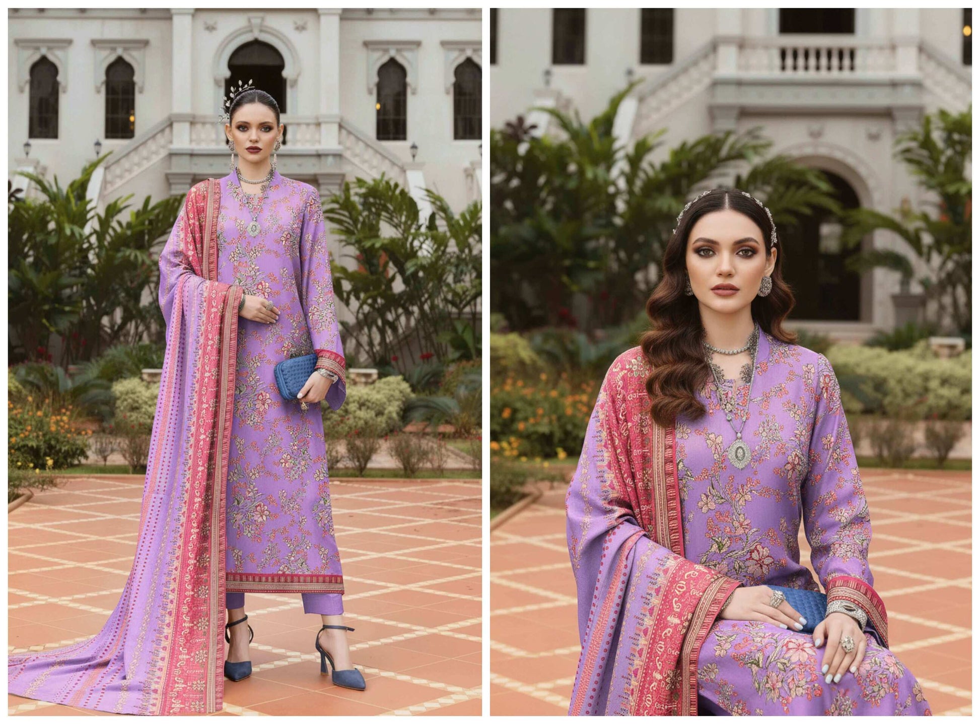 Lavender Bloom 3-piece printed lawn suit with floral design, featuring a top, bottom, and dupatta for women.