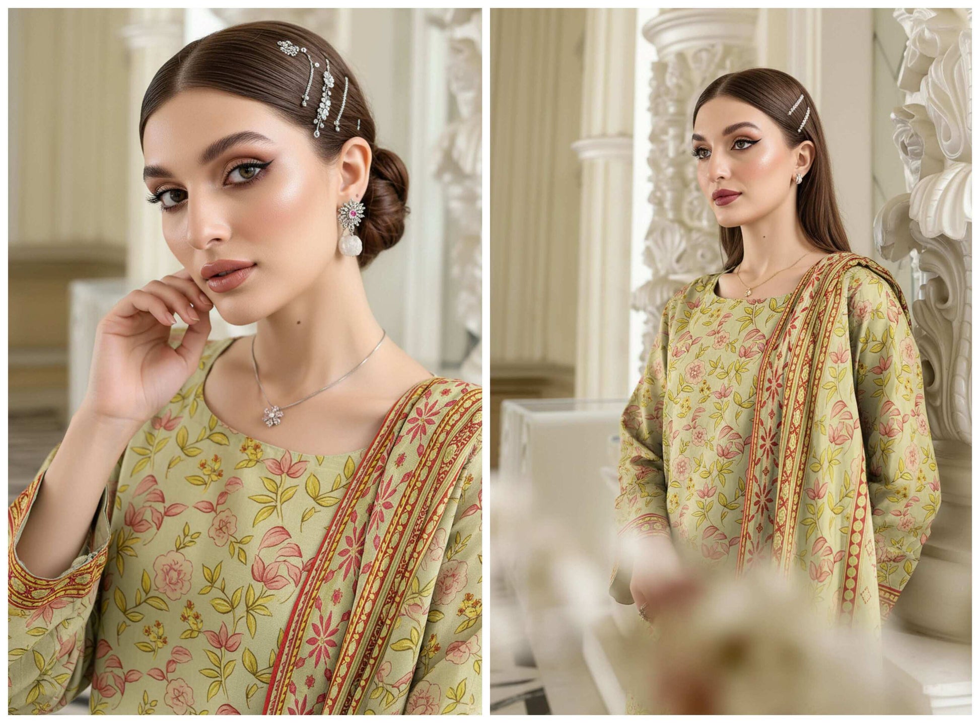 Pastel green floral lawn suit, 3-piece printed collection with elegant design, featuring a top, dupatta, and matching trousers.