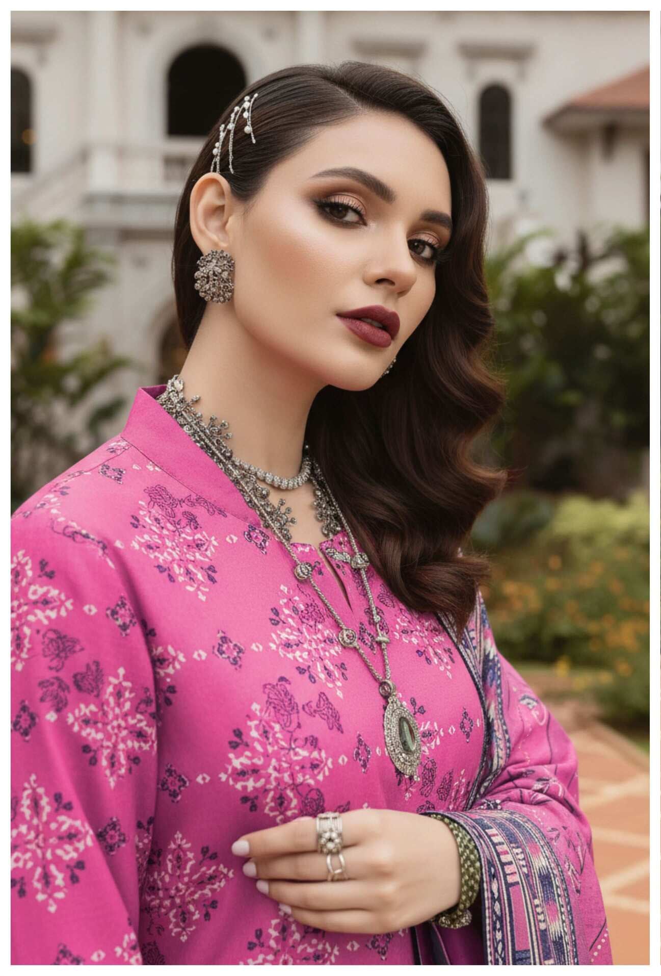 Hot pink floral printed 3-piece lawn suit with matching top, trousers, and dupatta, showcasing vibrant floral designs.