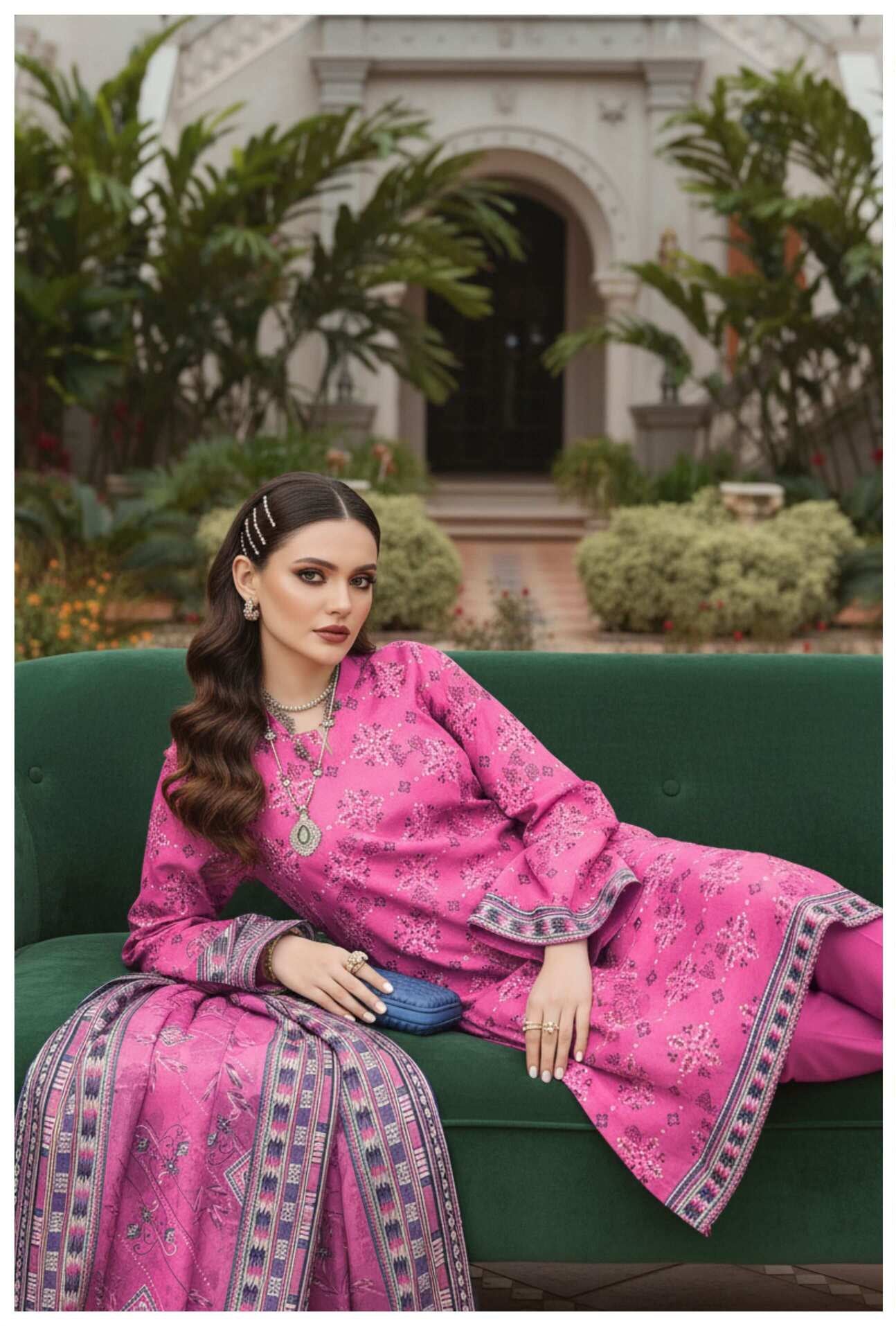 Hot pink floral printed 3-piece lawn suit with matching dupatta, showcasing vibrant flower patterns and traditional design.