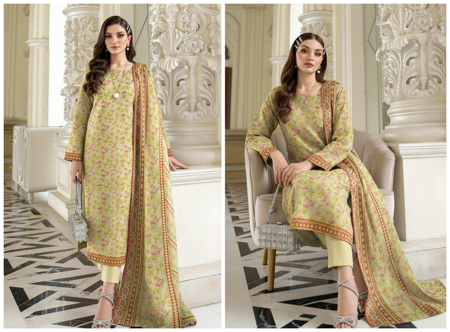 Elegant floral lawn suit in pastel green, 3-piece printed collection featuring a top, trousers, and dupatta.