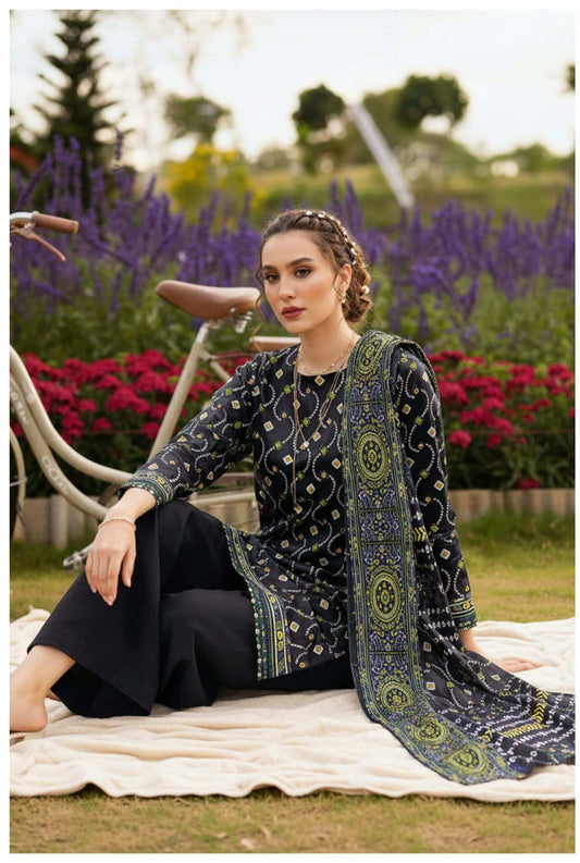 Midnight black printed lawn suit 3-piece set with intricate design, featuring a kurta, dupatta, and matching trousers.