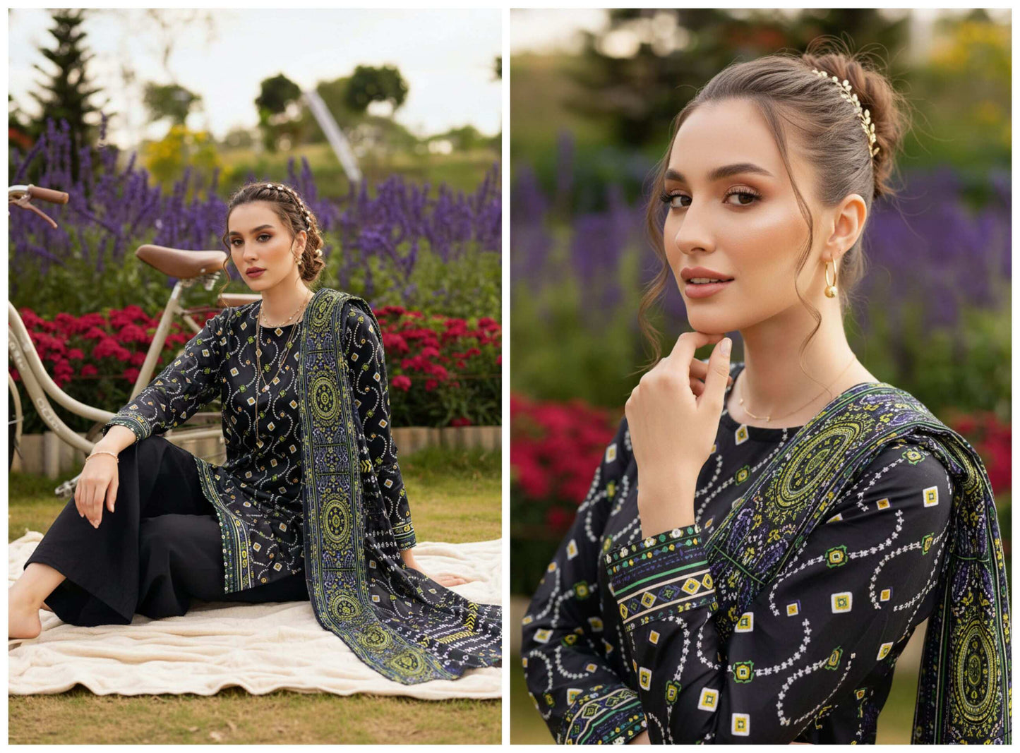 Midnight black printed lawn suit 3-piece elegant collection with intricate designs and matching dupatta, by My Store.