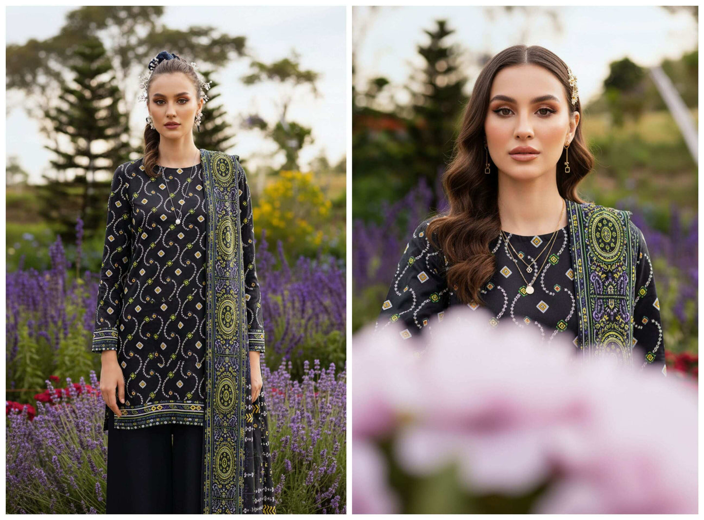 Midnight black printed lawn suit, 3-piece elegant collection with intricate designs, perfect for stylish summer wear.