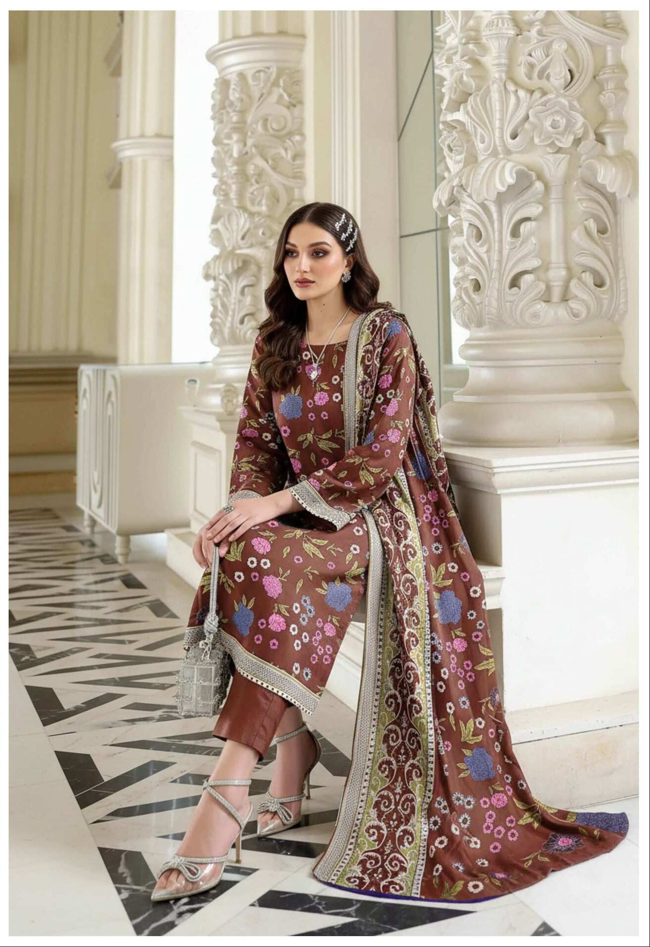 Mocha floral printed 3-piece lawn suit from My Store's Elegant Everyday Collection, featuring a traditional and stylish design.