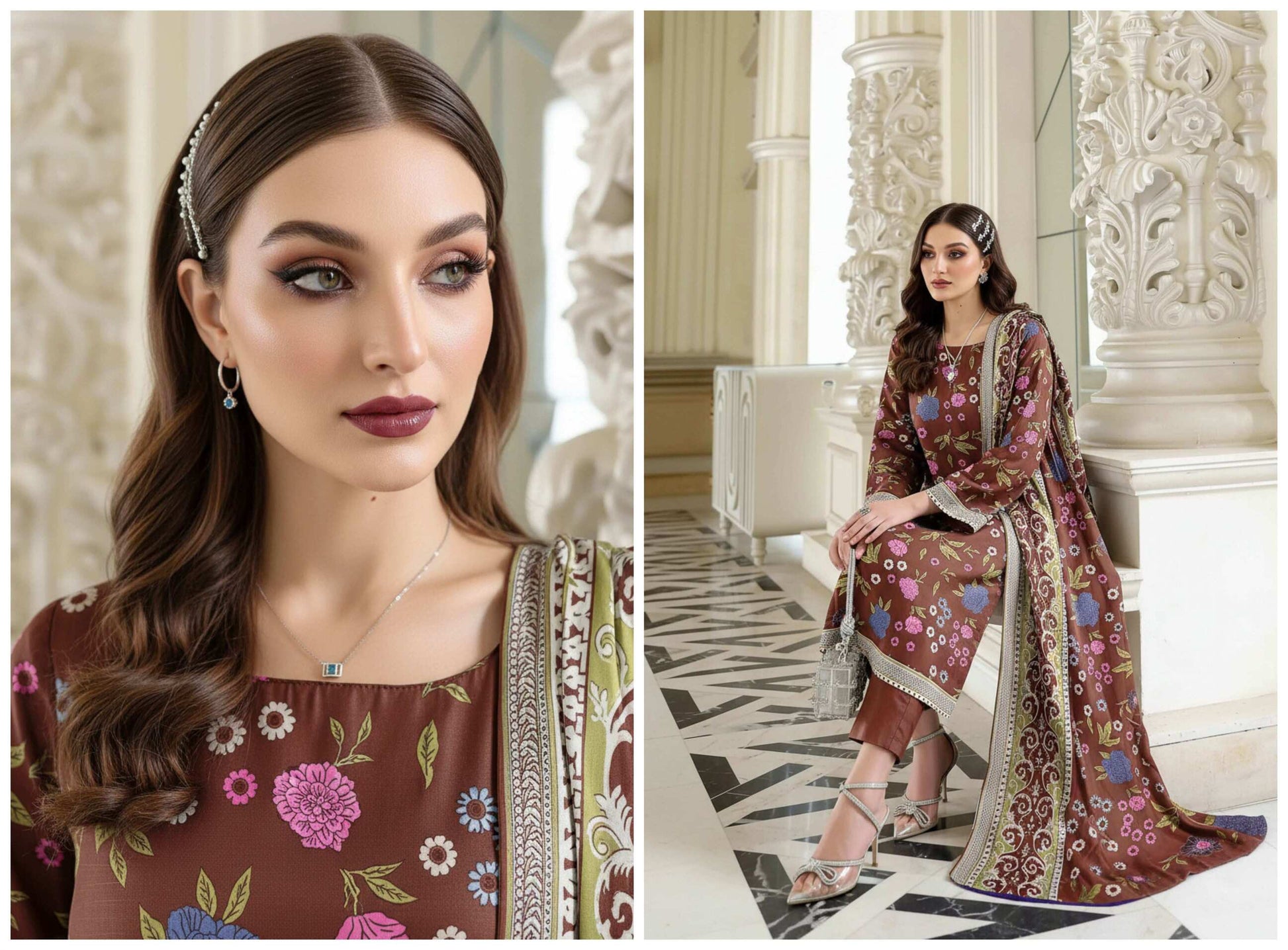 Mocha floral printed 3-piece lawn suit from the Elegant Everyday Collection, featuring a matching top, trousers, and dupatta.