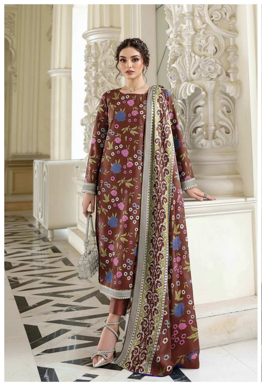 Mocha floral printed 3-piece lawn suit from Elegant Everyday Collection, featuring a top, dupatta, and matching bottoms.