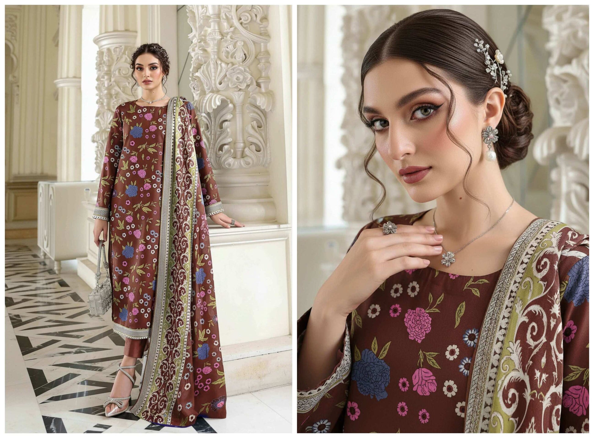 Mocha floral printed 3-piece lawn suit by My Store featuring elegant daily wear with intricate floral patterns and comfortable fabric.