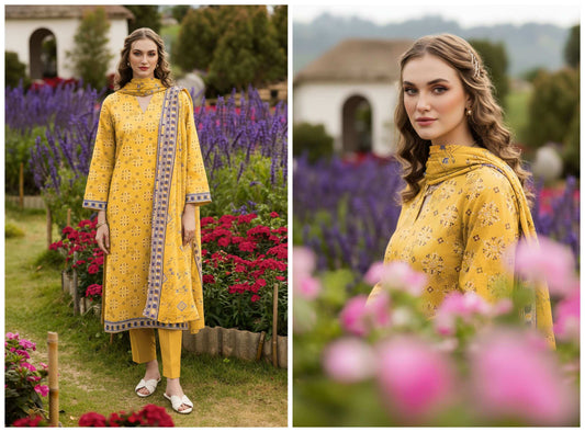 Mustard yellow printed 3-piece lawn suit with dupatta, featuring traditional patterns and lightweight fabric, displayed on a hanger.