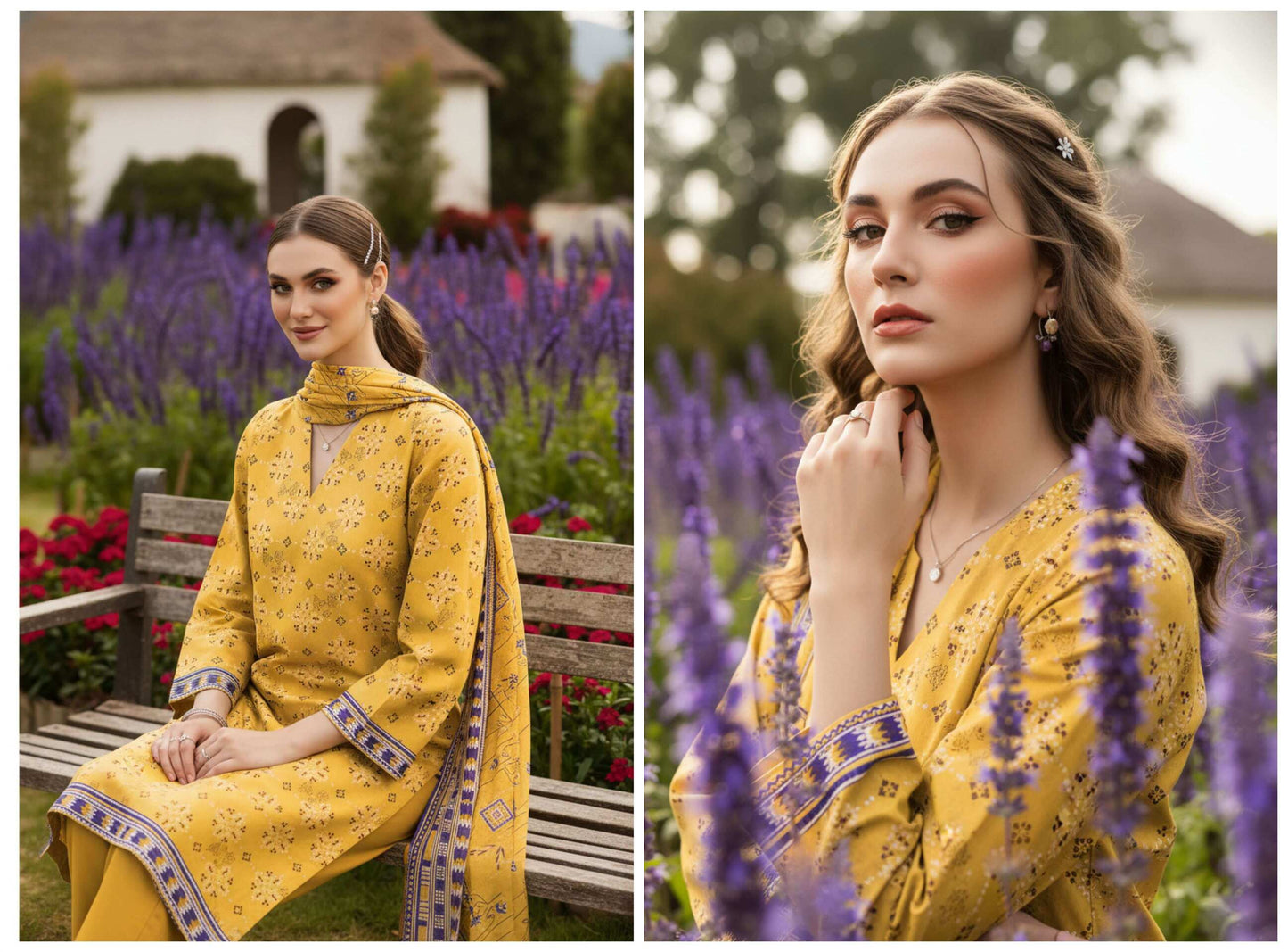 Mustard yellow printed 3-piece lawn suit with matching dupatta, showcasing intricate design and vibrant fabric.